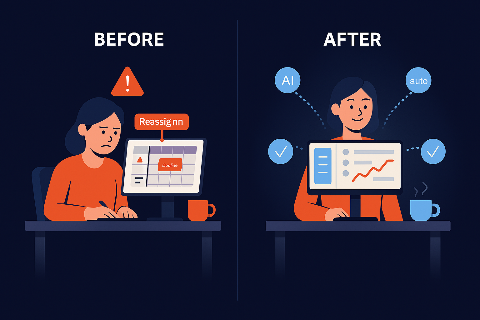 Before and after AI automation: Left side shows a stressed worker with cluttered workspace, right side shows a calm worker with organized workspace